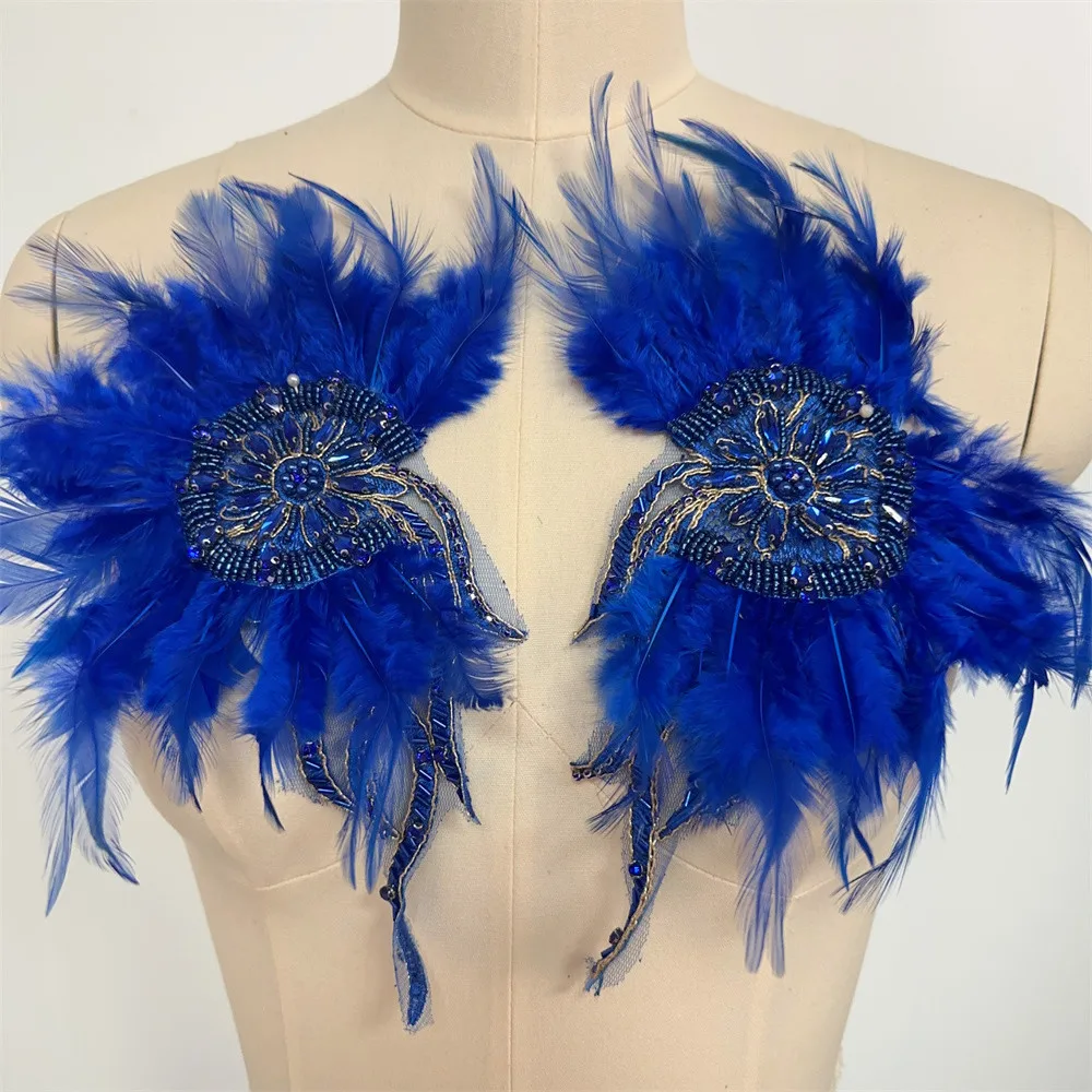 Rhinestone Beaded Patch With Artificial Feathers Garment Accessory Beading Applique