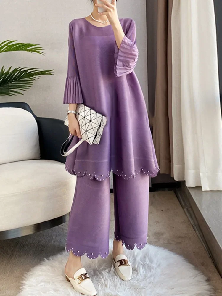 ALSEY Miyake Pleated Beading Solid Color Two Piece Set for Women Spring New Round Collar Top Wide Leg Loose Pants Clothing