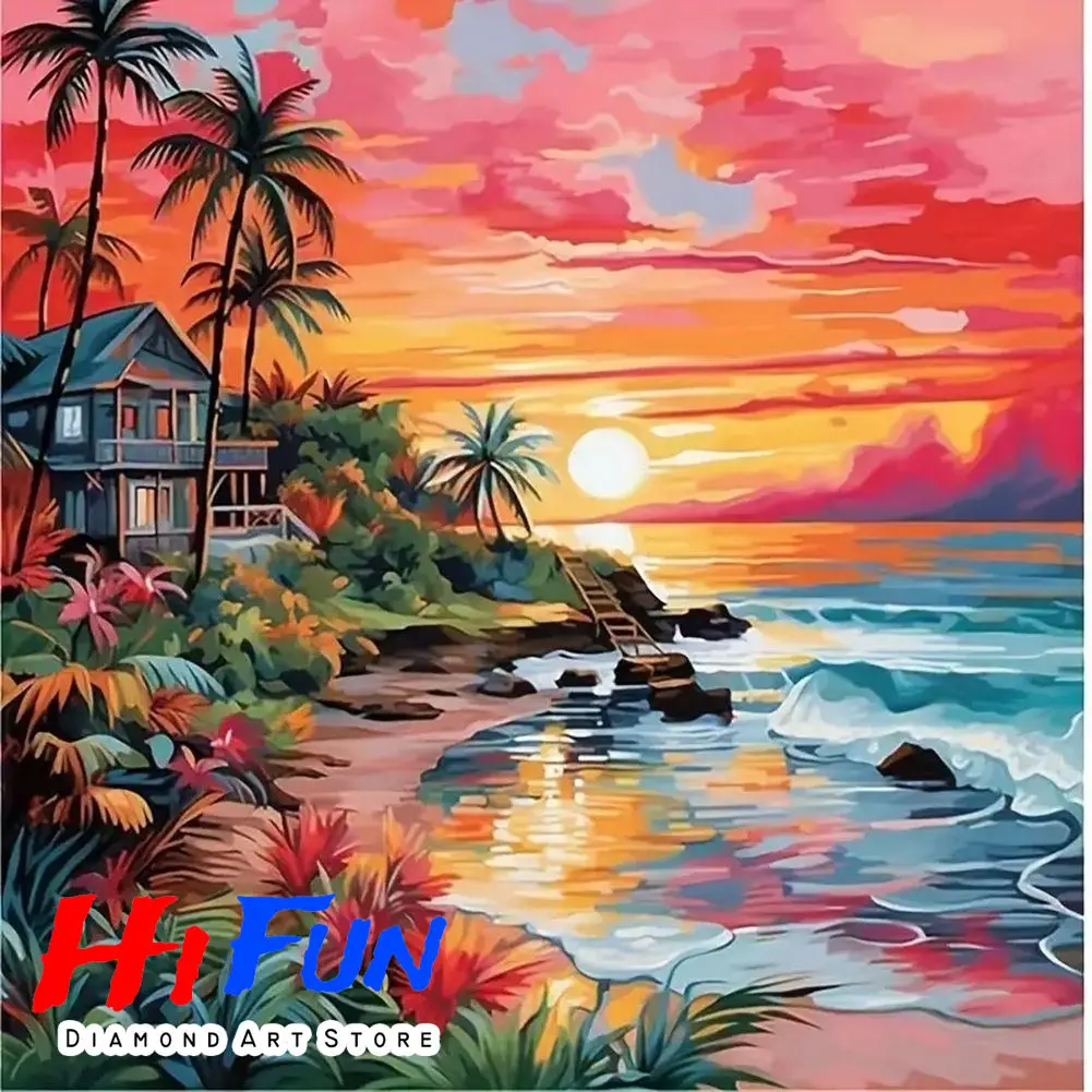 

5D DIY Diamond Painting Vibrant Tropical Sunset Beach Landscape Mosaic Embroidery Full Square Drill Cross Stitch Kits Wall Decor
