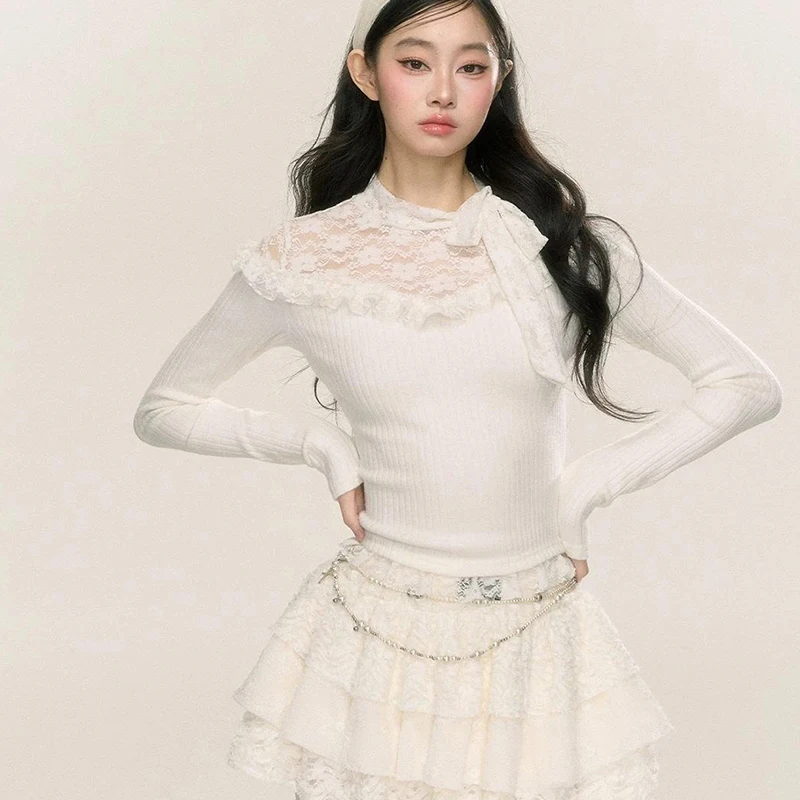 레이스 나무 귀걸이 패치 워크 블랙 스웨터 긴 소매 슬림 섹시한 시스루 니트 스웨터 컷 아웃 달콤한 우아한 화이트 풀오버