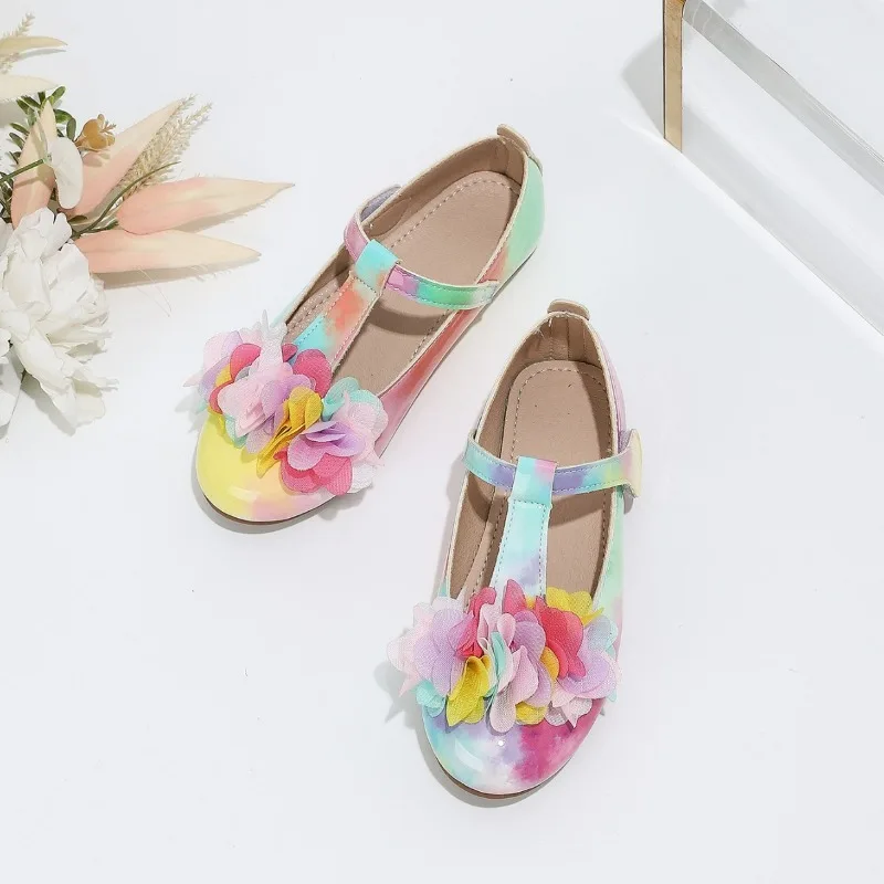 Girls T-strap Flats 2024 Summer Gradient Color Children Leather Shoes Flower Girls Performance Dance Shoes Kids Pink Dress Flats