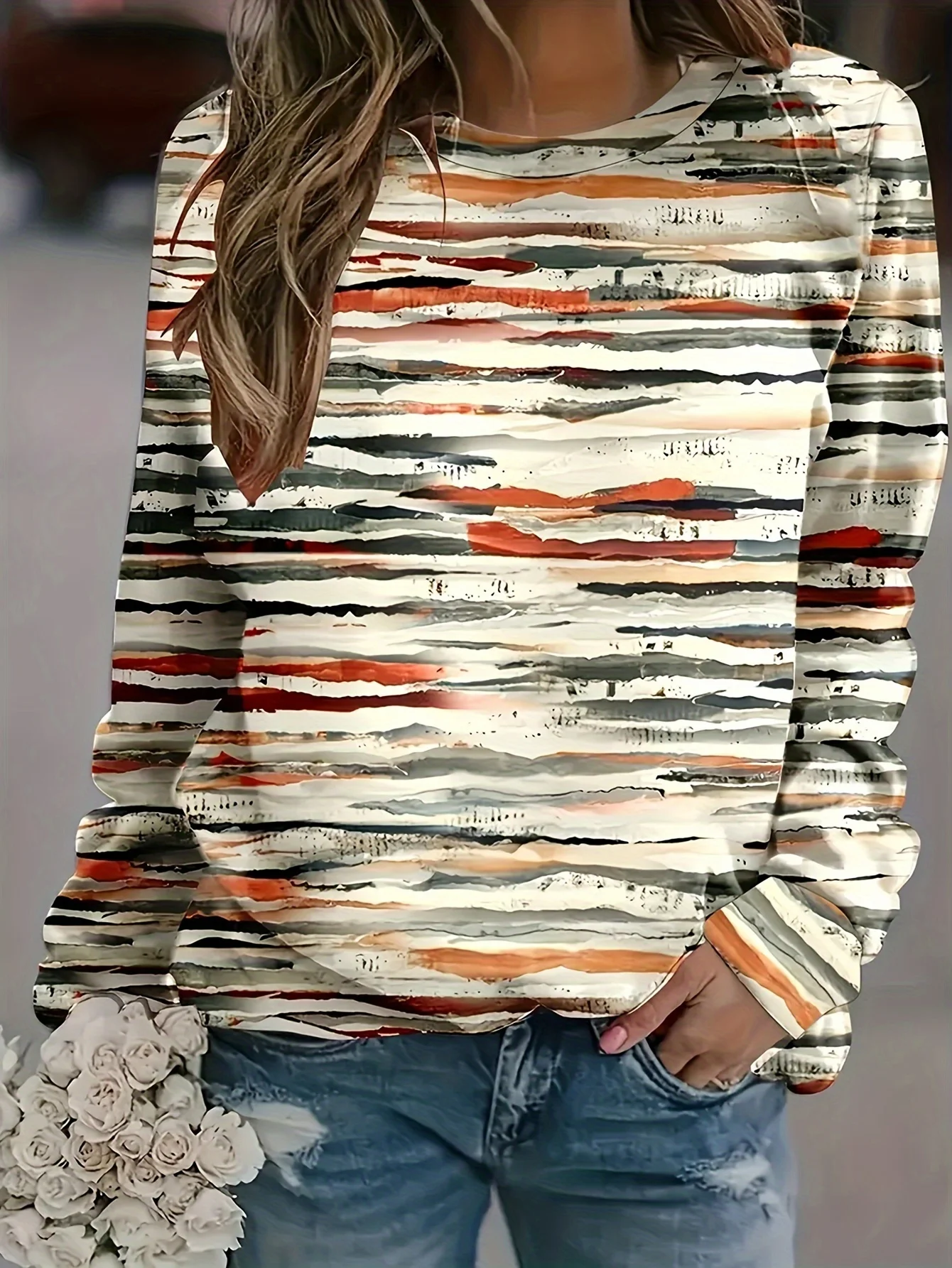 Women Long Sleeve Tee Top Abstract Stripe Landscape Print Autumn Fashion Casual Round Neck Sweatshirt Women's Clothes