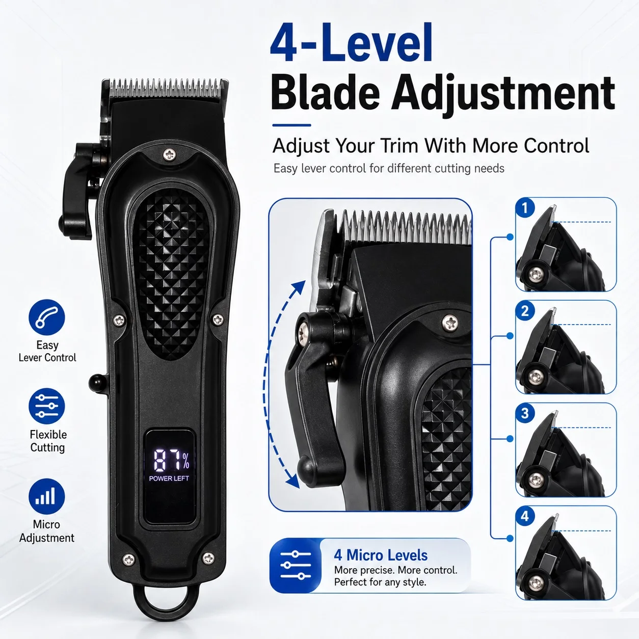 Professional Hair Clipper, Led Digital Display for Battery Percentage, Charging Status Indicator, Low-Oil Alert, Type-C Charging, 1200Mah Battery, Wireless and Corded Dual Use, Four-Level Blade Adjustment, Comes with 4