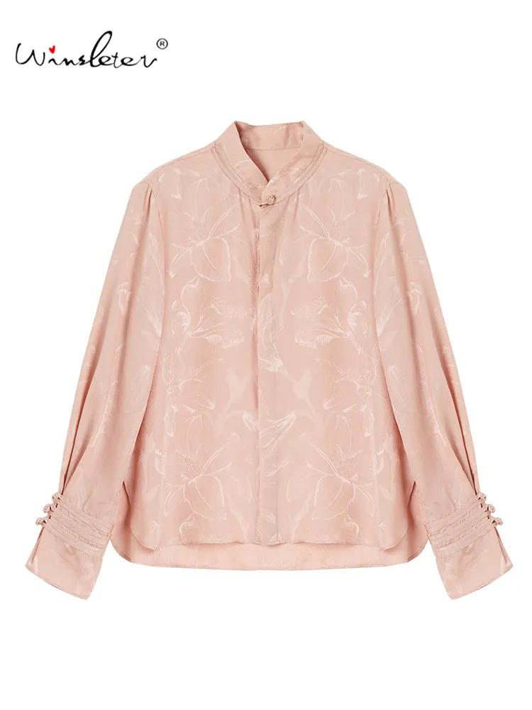 

Winsleter-100%Real Silk Elegant Shirt, Stand Jacquard, Women Retro New Chinese Style Commute Chic Blouse, 2025 Autumn T59265CC