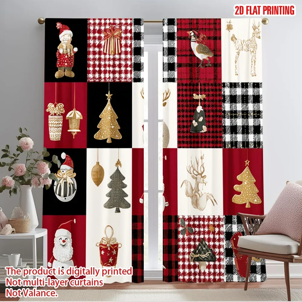 2pcs,2D plane printing Curtain Popular Antlers Santa Claus Polyester Woven (without rod) Festive Perfect for Bedroom, Living