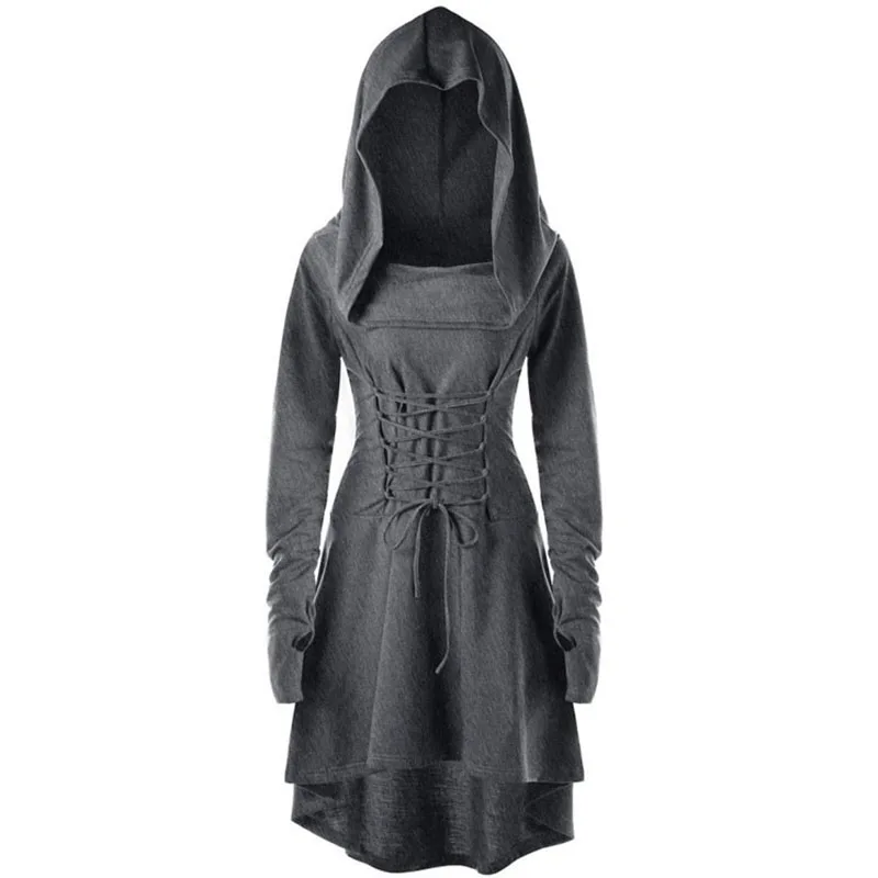 Medieval Cosplay Renaissance Archer Costumes Hooded Robe Lace Up Pullover Long Hoodie Dress Cloak Halloween Party