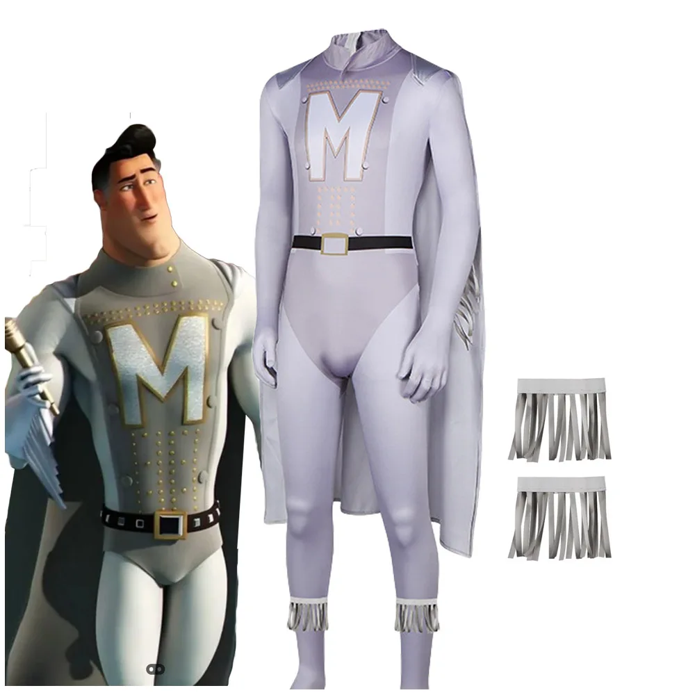 بدلة Megamind Metro التأثيرية للرجال باللون الفضي مع عباءة زي أداء حفلات الهالوين للرجال