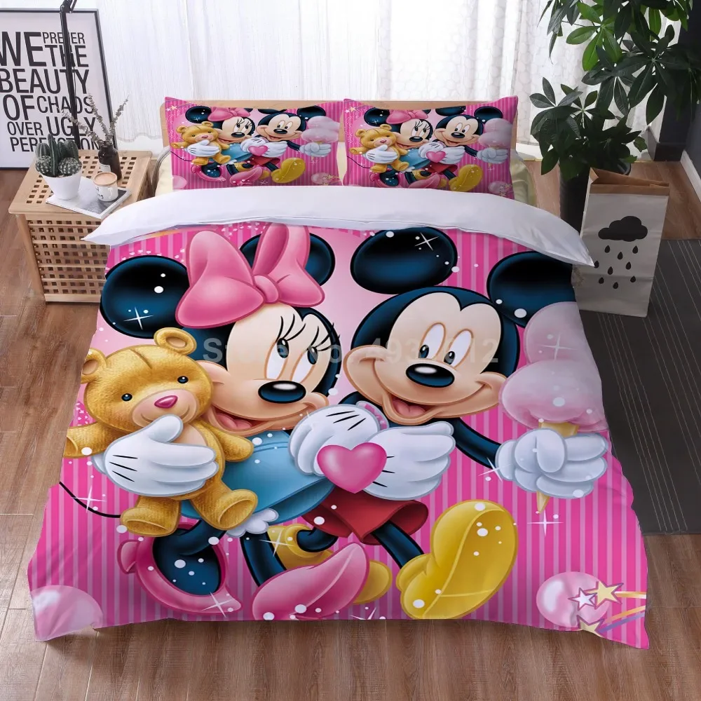 Cartoon Bedding Set Mickey Minnie Mouse Cute Baby Duvet Cover Set Twin Bedroom Decor for Children Kids Boy Girl Queen King Size