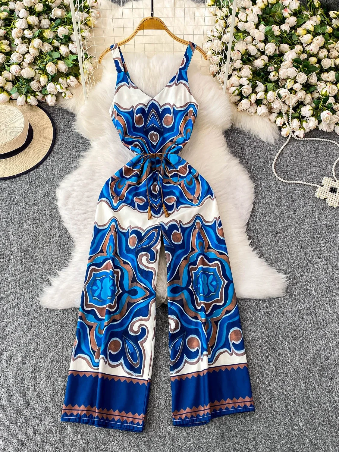 Slimming Wide Leg Pants V Ne ter Swimsuit High Waist Belted Holiday Faionable Printed Women's Summer Dr