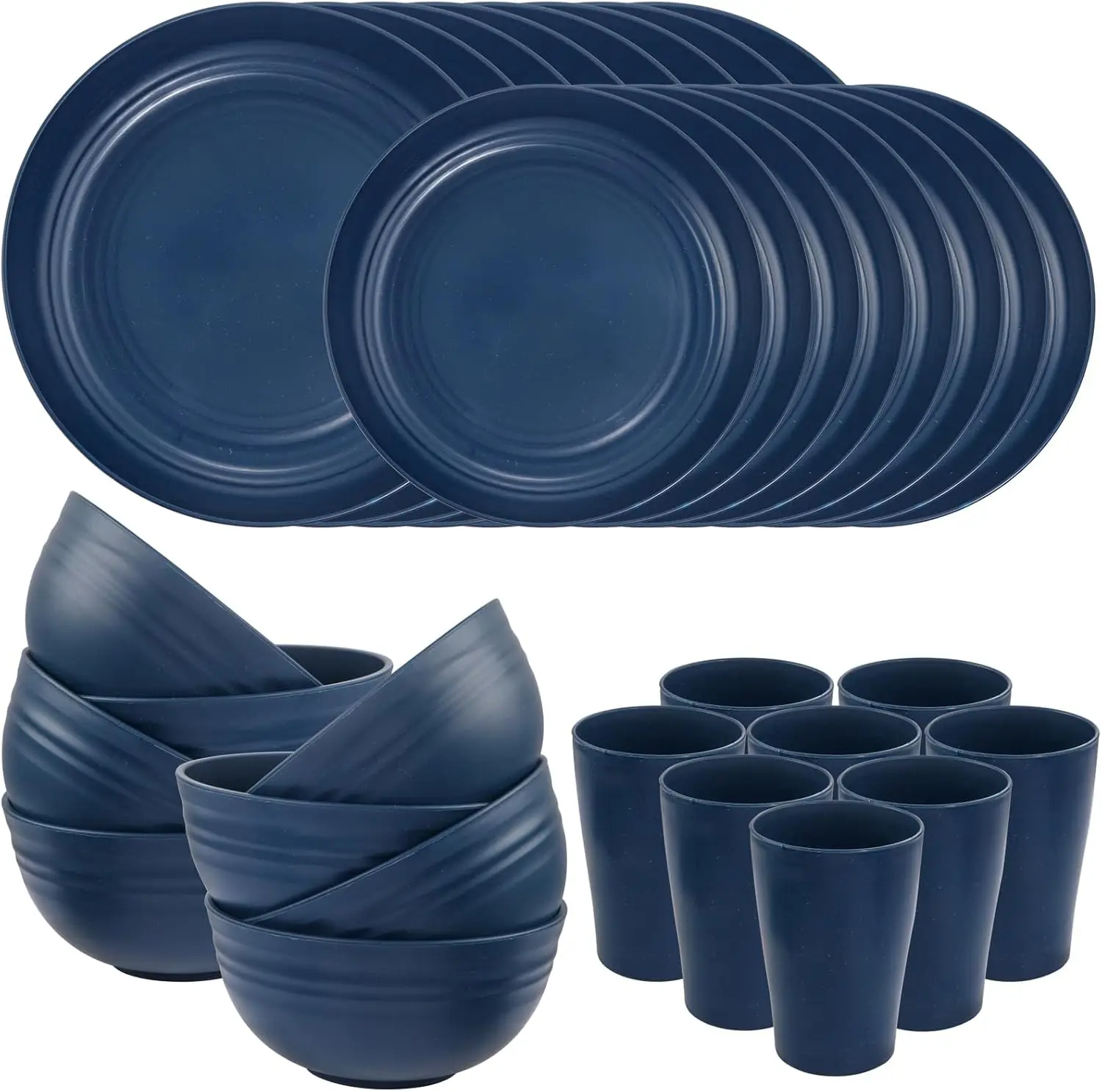 

Wheat Straw Dinnerware Set for 8, 16 Plates 8 Bowls 8 Cups, Microwave Dishwasher Safe Blue Plastic Tableware
