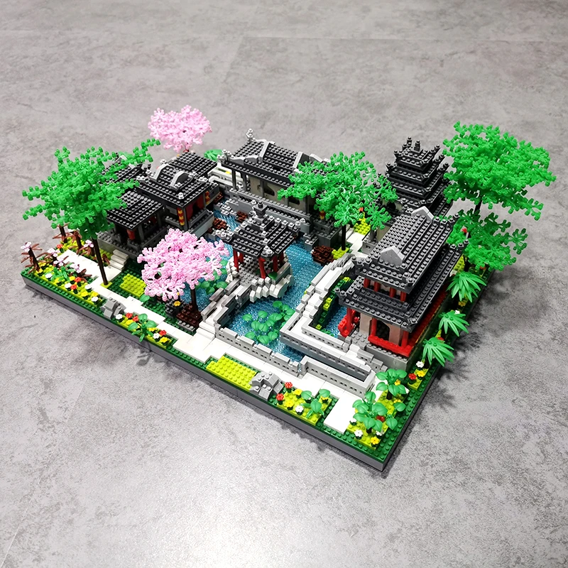 LJ 801 Ancient Architecture Yard Garden Pavilion Temple Lake Tree 3D Mini Diamond Blocks Bricks Building Toy for Children No Box