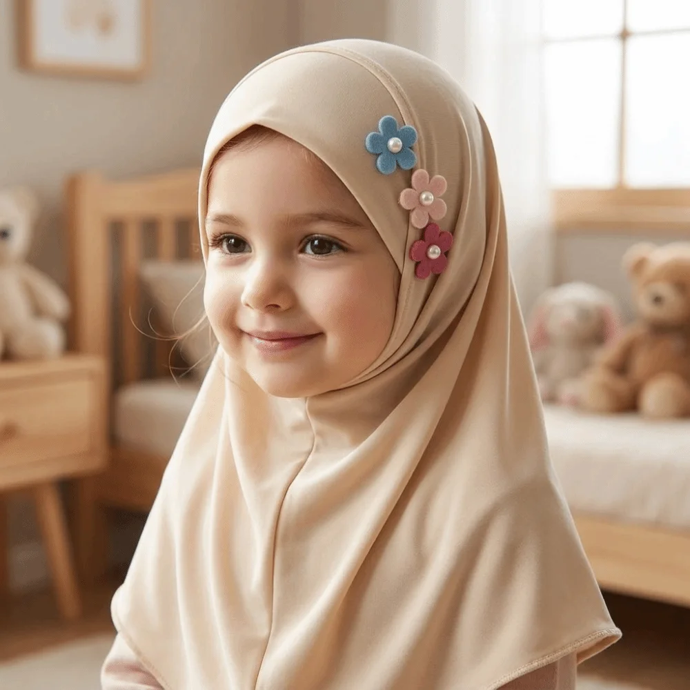 Soft Little Girls Pull-On Hijab with Floral Ornament Stretch Crystal Linen Headscarf Breathable Non-slip Head Cover 2-6 Years