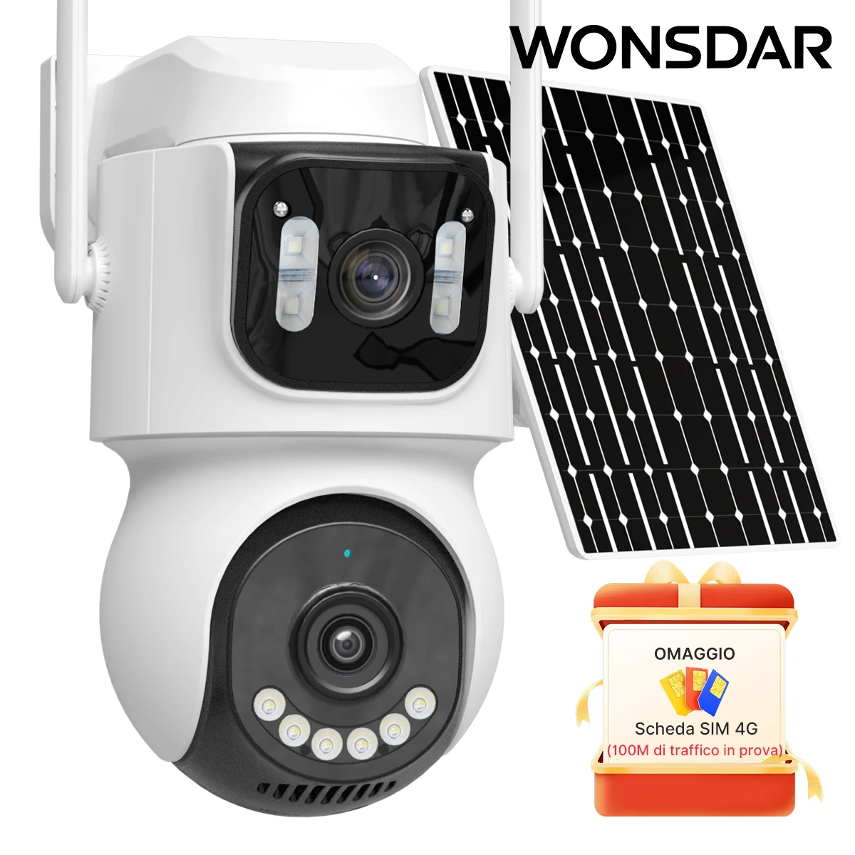 WONSDAR Telecamera di Sicurezza Solare 4G con Batteria Integrata e Doppia Lente, Pannello Solare, Telecamera Wireless, Registrazione 24 Ore, Allarme ICsee