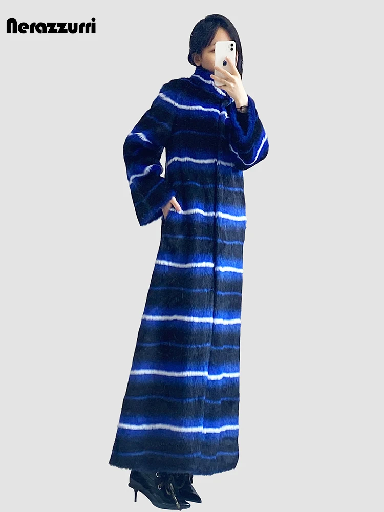 Nerazzurri Winter Extra Long Thick Warm Colorful Striped Fluffy Faux Mink Fur Coat Women High Quality Maxi Furry Overcoat 2023