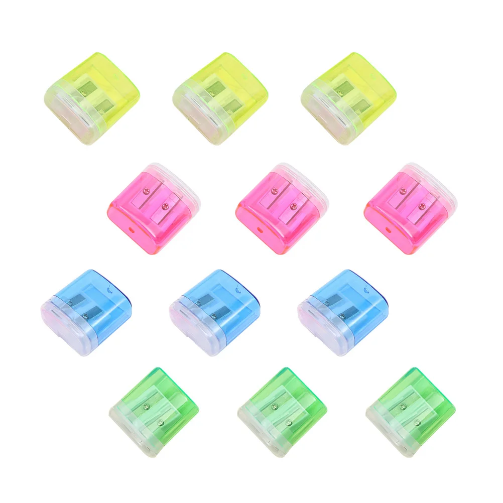 Taille-crayon en plastique à double trou, 12 pièces, plateau de copeaux Transparent anti-déversement, fourniture de papeterie Portable pour enfants étudiants