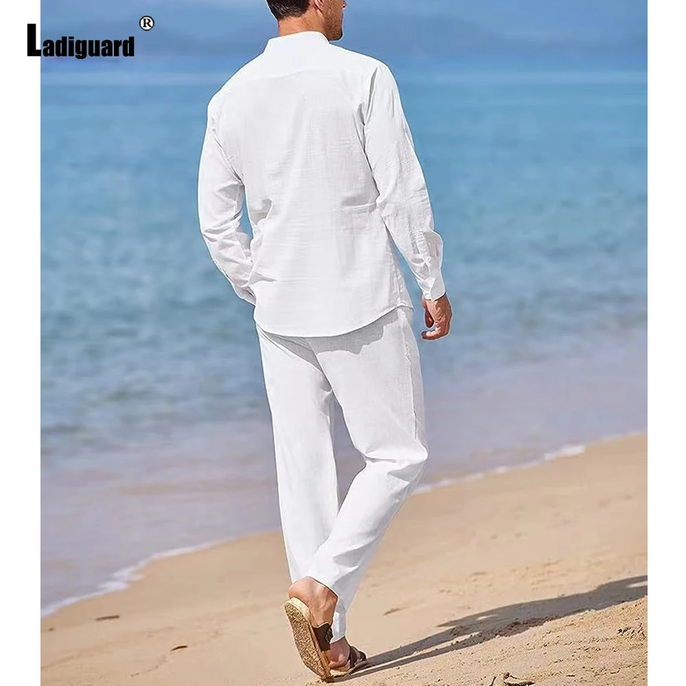 Ladiguard Plus Size Mens Casual Linen Two Piece Sets 2023 Europe Style Basic Tops and White Pants Suit Male Beach Tracksuits Set