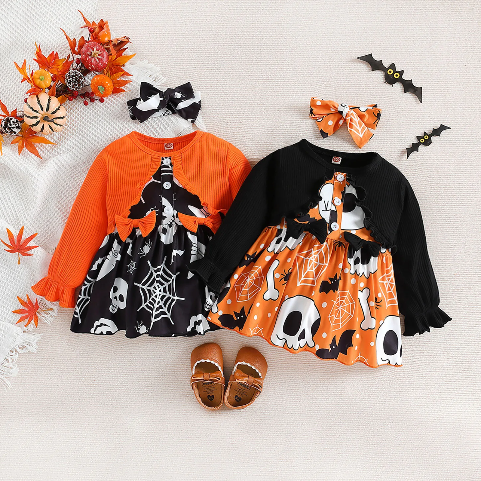 

1-3 Years Girls' Autumn Halloween Long Sleeved Little Girls' Long Sleeved Casual Comfy Cartoon Pumpkin Ghost Print Infant Dress