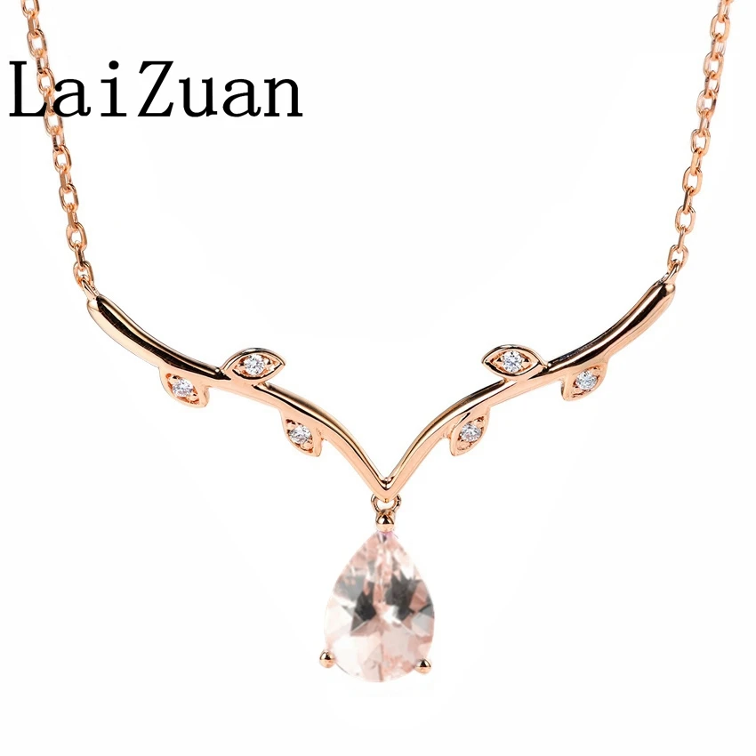 LaiZuan Solid 18K Rose Gold Antlers Shape Genuine Natural Morganite Diamond Necklaces Water Drop Pendant Women's Chain Luxurious