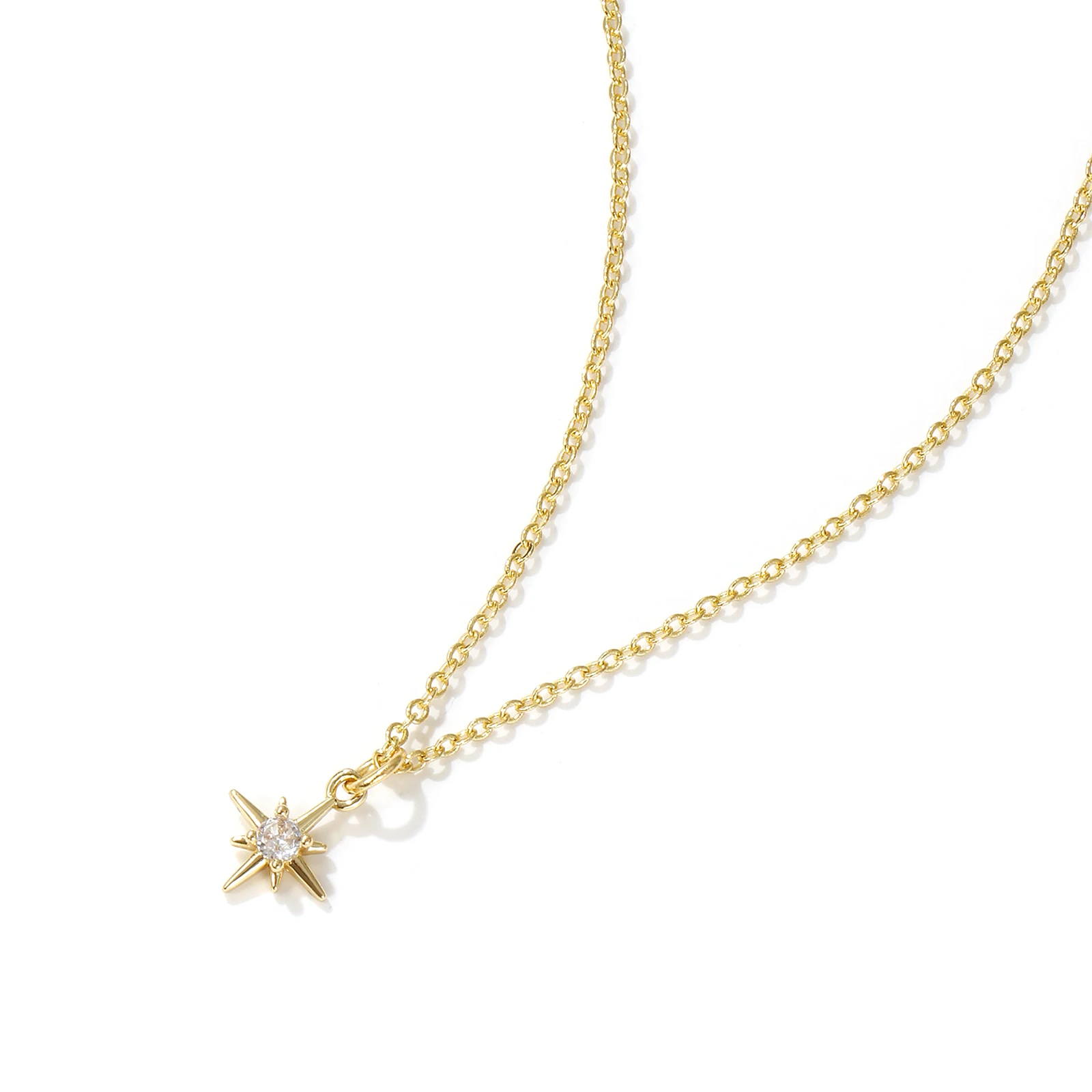 1 Piece Polaris Star Charm Necklace Gold Plated Link Cable Chain Brass For Women Clear Cubic Zirconia Necklace 45cm+5cm