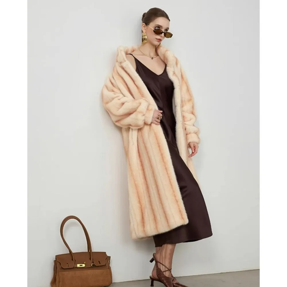 Winter Gradient Stripe Hairy Shaggy Mink Faux Fur Coat Long Lantern Sleeve Furry Jacket Women Stand Collar Midi Outerwear