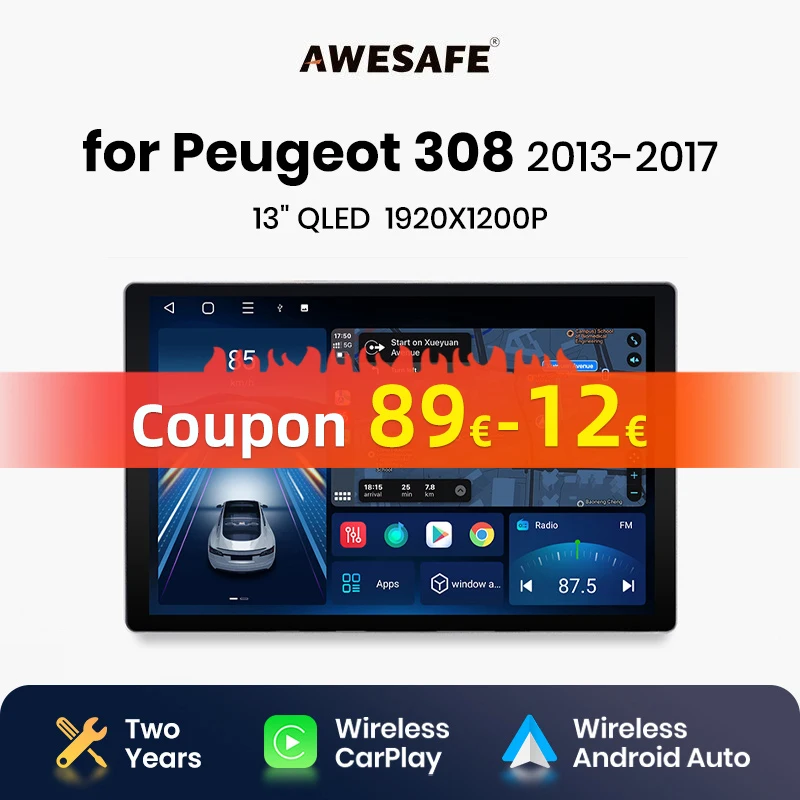 AWESAFE X7 MAX 13.1“ 2K AI Voice Wireless CarPlay Android Auto Car Radio for Peugeot 308 308S 2013 - 2017 Multimedia autoradio