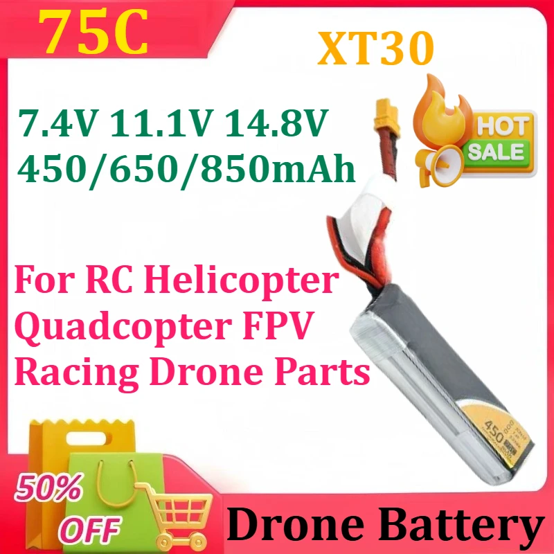 

7.4V 450/650/850mAh 75C Lipo Battery For RC Helicopter Quadcopter FPV Racing Drone Parts With XT30 2S 3S 4S Rechargeable Battery