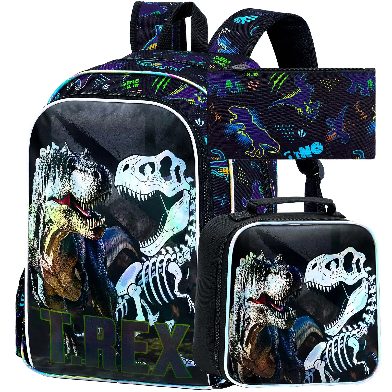 男の子用恐竜バックパック3個セット、16インチ防水就学前用ブックバッグ、クールな幼稚園用スクールバックパック、ランチボックス付き-b