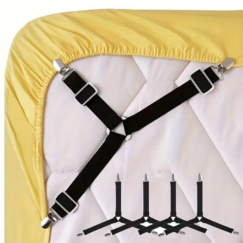 

FeelAtHome Bed Sheet Straps – 4 Pack Adjustable Sheet Holder Clips to Keep Fitted Sheets in Place – Bed Sheet Fasteners for Corners – Fits Twin, Queen, and King Beds – Black