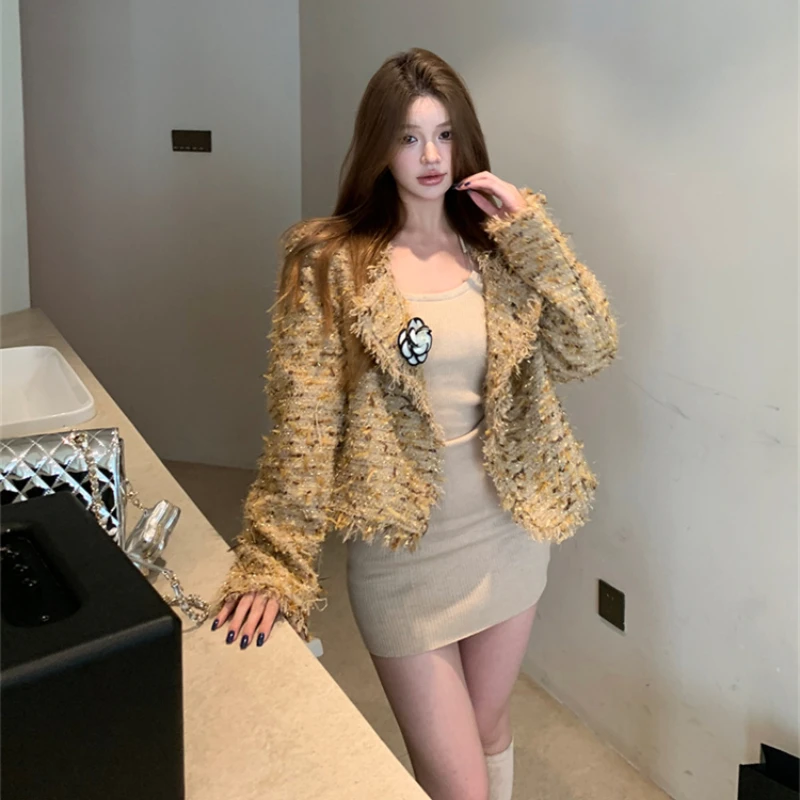 French Socialite Style Lapel Woven Jackets 2024 Autumn New High-end 3D Flower Short Coats Elegant Ladies Casual Tweed Jackets