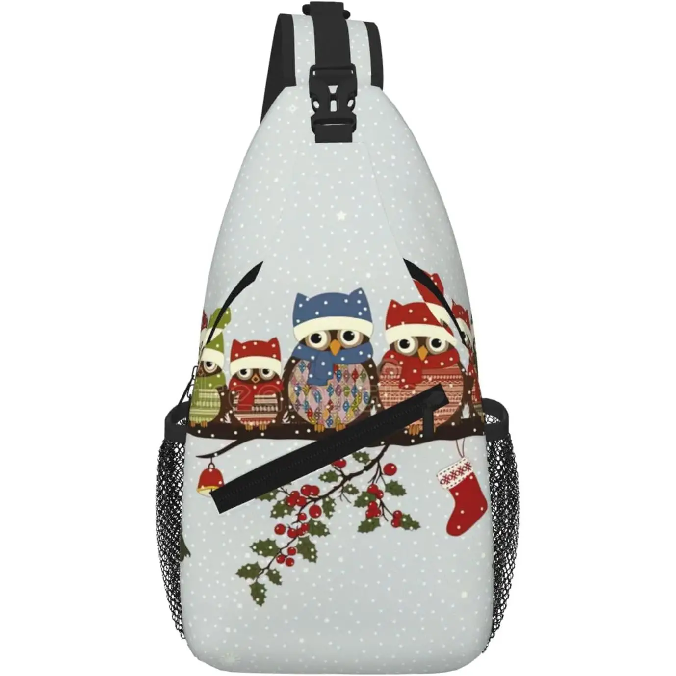 Cute Christmas Owls on Branch print Small Sling Backpack Crossbody Sling Bag, Chest Bag Daypack Fanny Pack for Outdoors