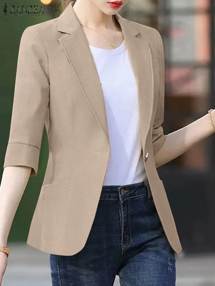 ZANZEA Elegant Summer OL Work Blazer Women Office Suits 3/4 Sleeve Lapel Neck Coats Thin Casual Solid Button Up Outwear Oversize