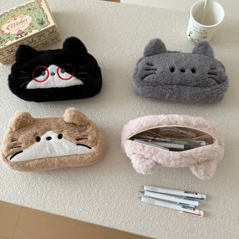 مقلمة مطرزة على شكل قطة من القطيفة، حقيبة مكياج جمالية لطيفة للمدرسة، منظم قرطاسية واسع ومنفوش، مستلزمات الطلاب