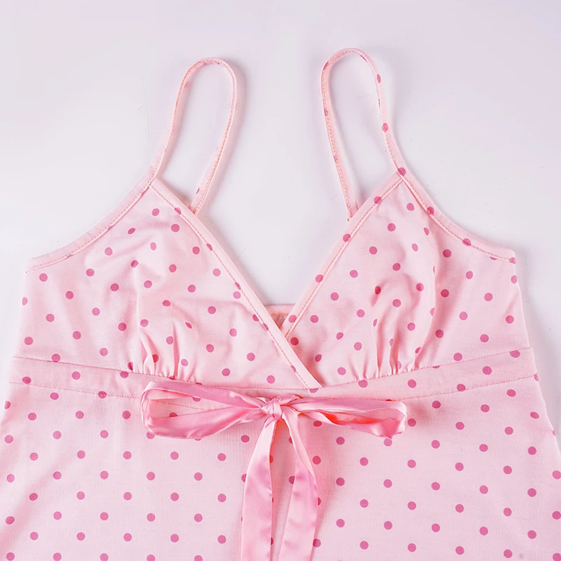 SUCHCUTE Chic Süße Nette Polka Dot Print Bogen Spitze-up Leibchen Frauen V-ausschnitt Ärmel Crop Top Y2k Streetwear schlank Tanks Sommer – Detail 7