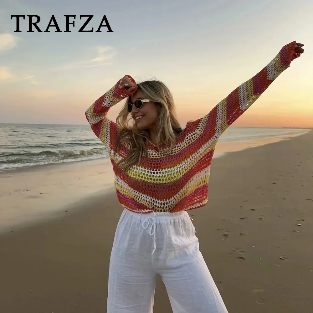 TRAFZA 2024 Spring Summer Casual Patchwork Women Sweaters Fashion Streetwear O Neck Crochet Striped Chic Ladies Loose Sweaters