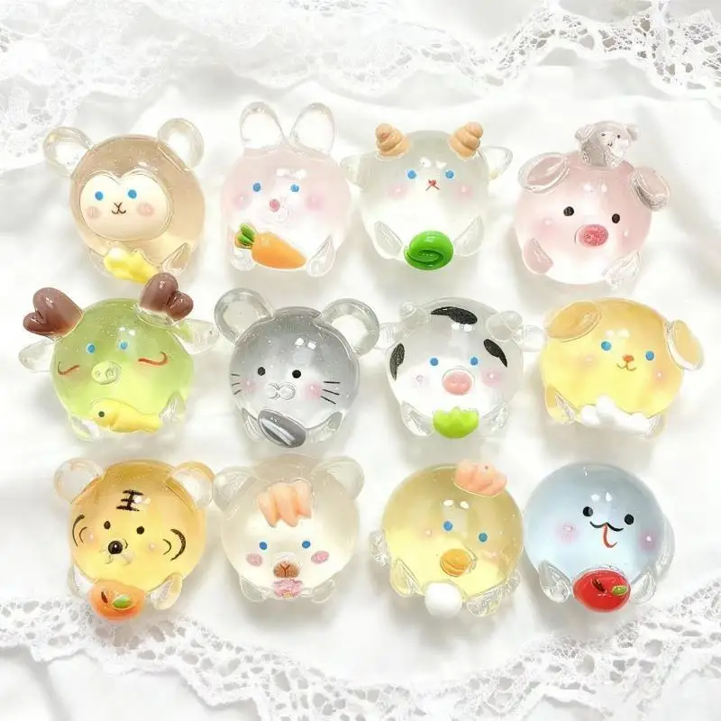 12PCS Luminous Chinese Zodiac Chubby 3D Resin Accessories, Cartoon 3D Transparent Animal Ornaments, Animal Models, Ornaments