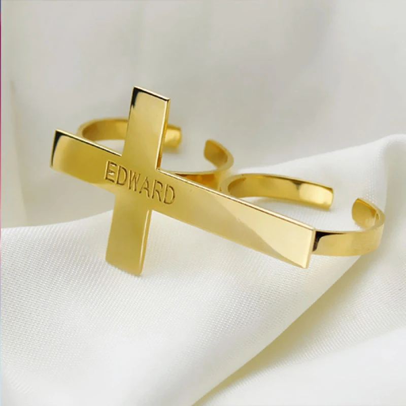 مخصص اثنين من أصابع الدائري الرجال النساء الفولاذ المقاوم للصدأ الصليب حلقة اسم شخصية الذهب أصابع مزدوجة حلقة المفصل الإيمان المجوهرات