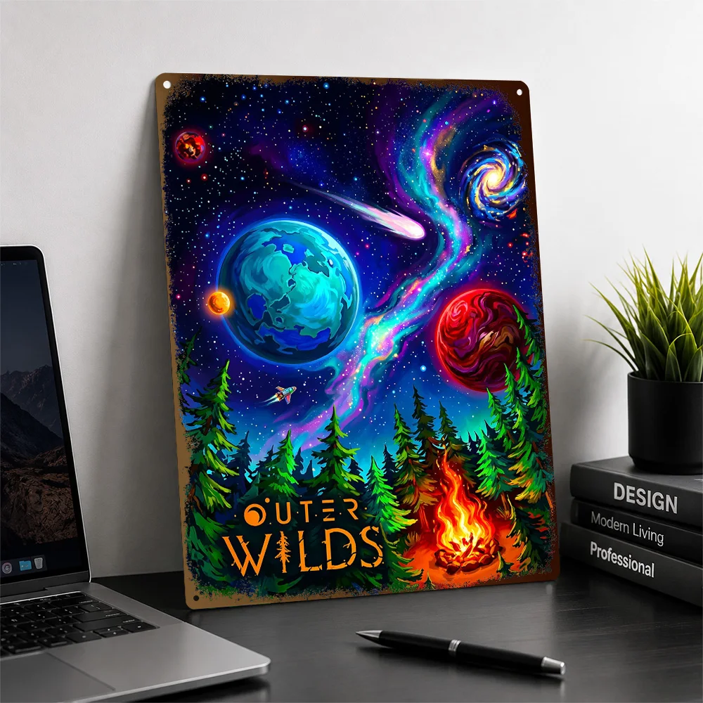 Outer Wilds Cosmic Campfire Printed Poster Illustrated Wall Art For Gaming Room Customized Aluminum Metal Sign Birthday Gift