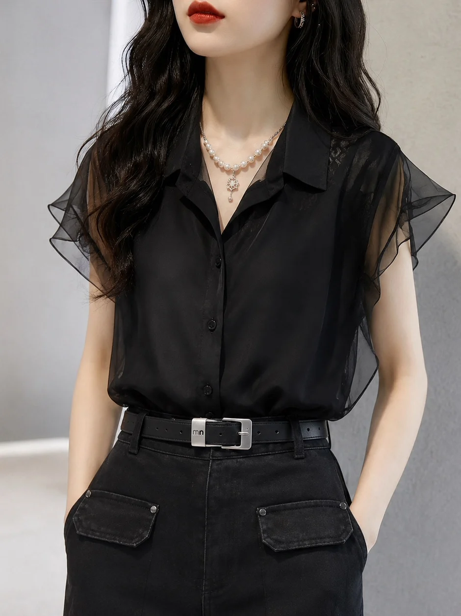 

Fashionable Summer 2026 Short Sleeve Shirt Stand Collar Single Button Design Commute Stylish Top Women's Silk Blend Premium Q...