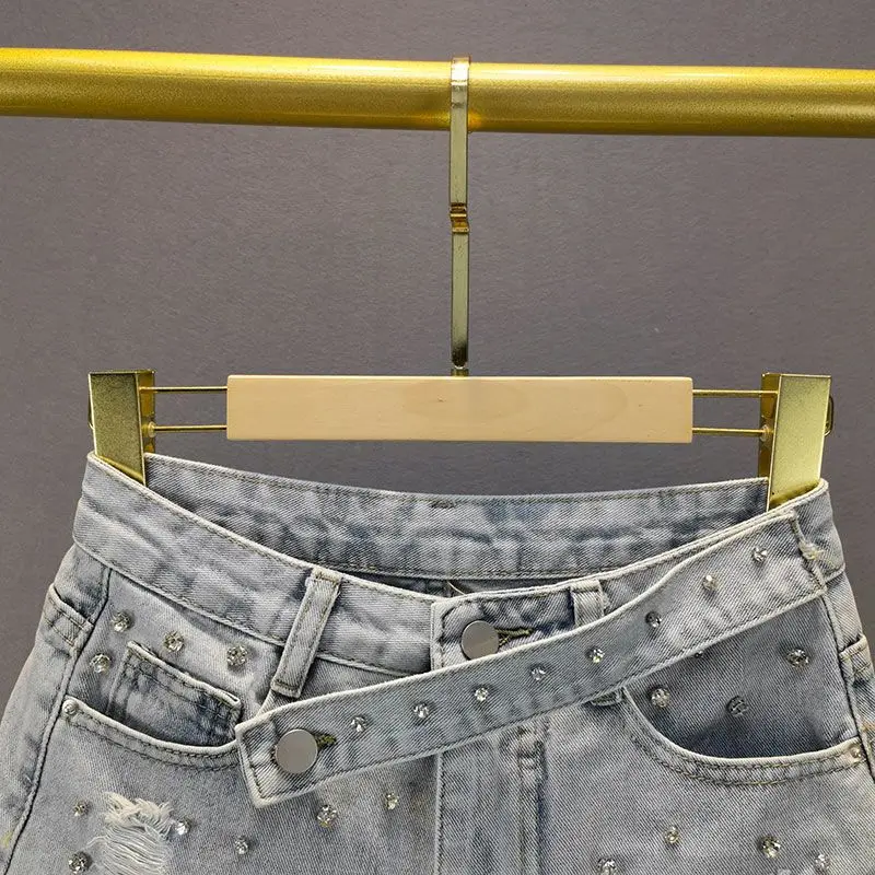 

Fashionable Diamonds Raw Edge Denim Shorts Summer Women's New Retro Ripped Hole High Waist Hot Pants Chic Casual Wide Leg Shorts