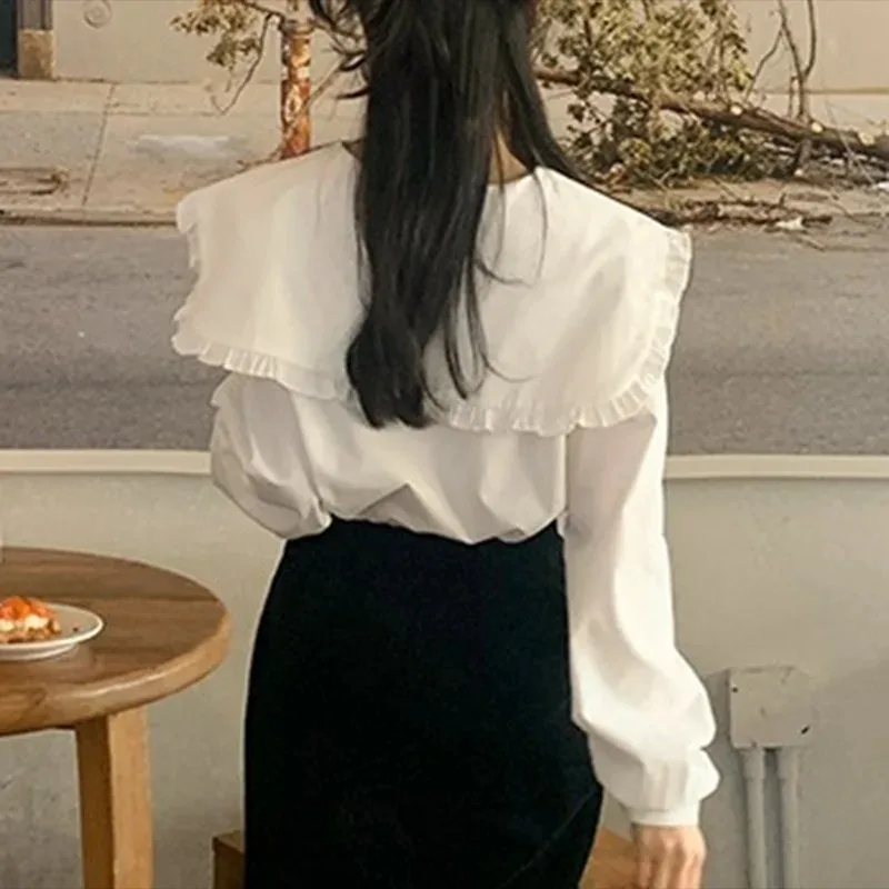 Spring Cotton Shirt Female Korean Chic Ruffles Single-Breasted White Blosue Women Vintage Long Sleeve Pleasure Tops Blusas 14836