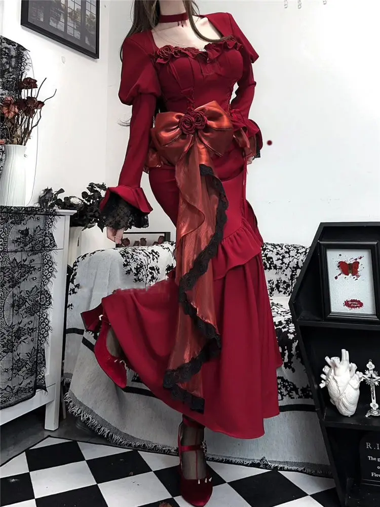 Autumn Red Vintage Dress Women French Style Patchwork Lace Elegant Slim Sexy Slit Dress Female Long Sleeve Chic Party Dress 2024