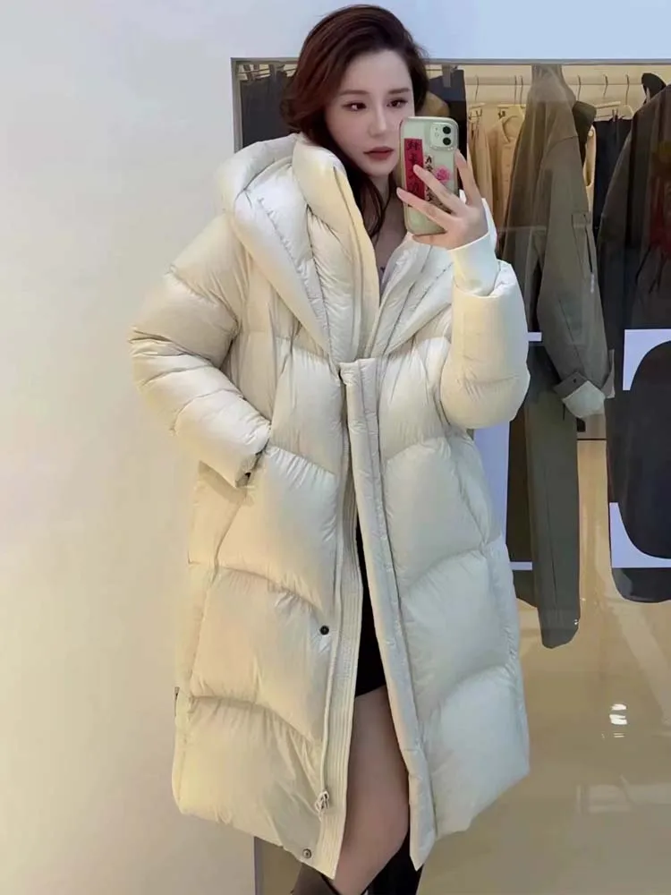 Luxury long down jacket with hooded Women\'s Solid color 2024 Winter Warm Fluffy puffer coat oversize Lady parkas INKEO DJ038