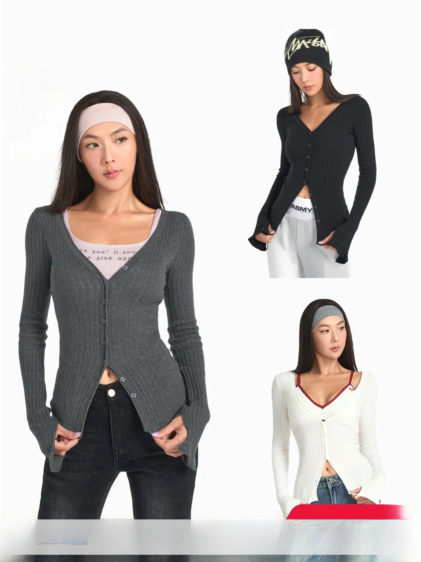 

Ретро-кардиган с V-образным вырезом, однотонный, вязаный, с длинными рукавами, женский, осенний, для ношения под одеждой, облегающий, эластичный, тонкий топ ABMY