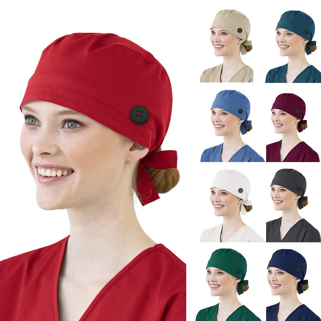 

Solid Color Scrubs Caps With Button Pet Grooming Agency Work Scrubs Beauty Work Hats Lab Nursing Scrubs Cap Gorro Enfermera