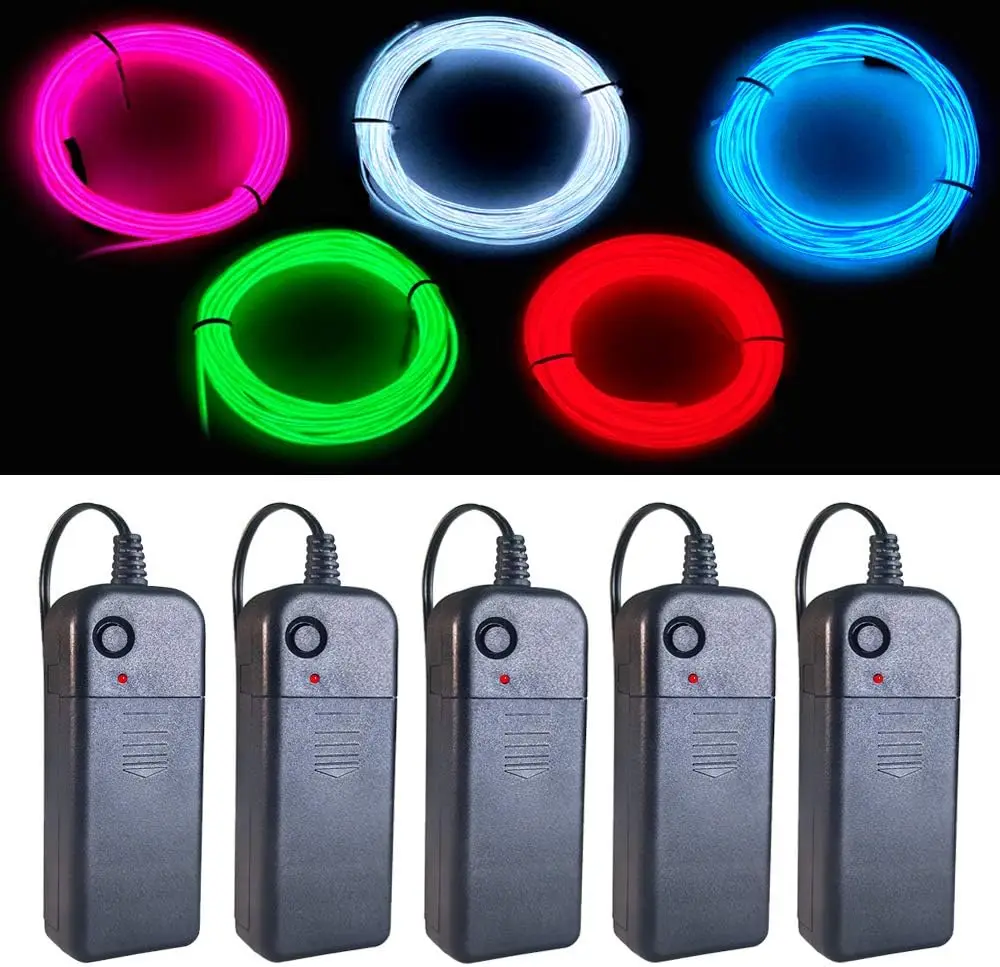 

5 Pack EL Wire Neon Glow 9ft DIY Decor for Party Halloween Carnival with Quiet Battery Pack Steady Strobe Flash Modes
