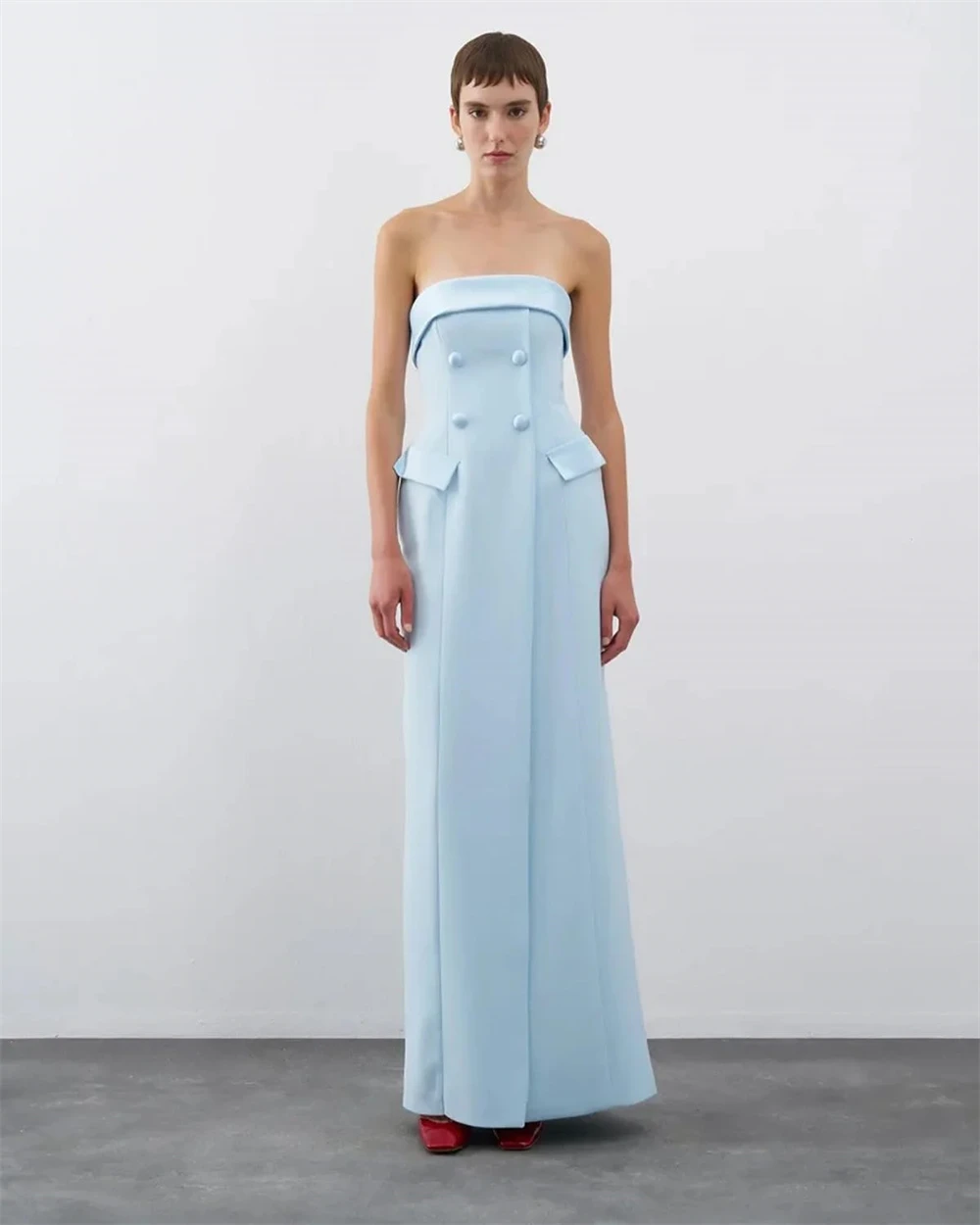 

Customized Formal Blue Jersey Evening Dress Exquisite Strapless Sleeveless Celebrity Gowns Fashion Buttons Vestido De Festa