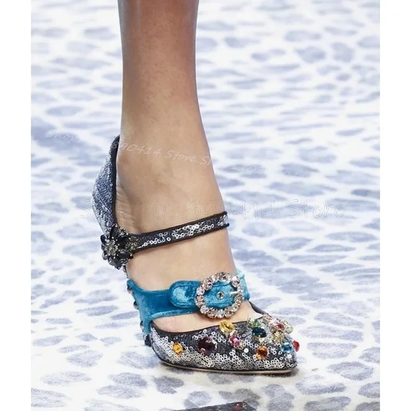 

Colorful Crystal Sequins Decor Pointed Toe Pumps Ankle Buckle Strap Women Shoes Chunky High Heel Runway 2025 Zapatos Para Mujere