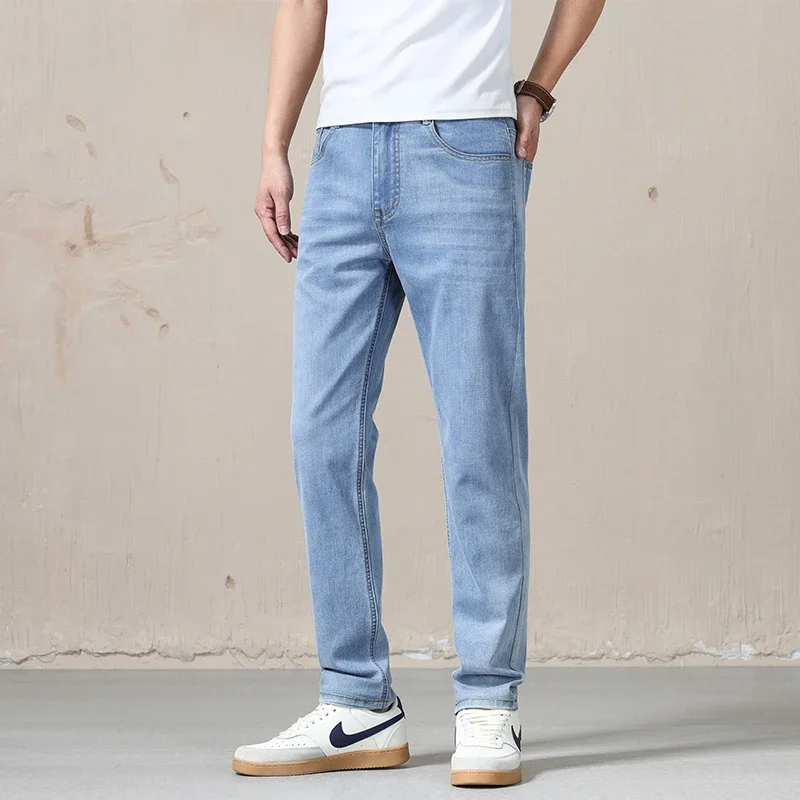 Spring Summer New Business Jeans Blue and Gray for Men Stretch Straight Comfortable Casual Denim Long Pants Classic Style Male