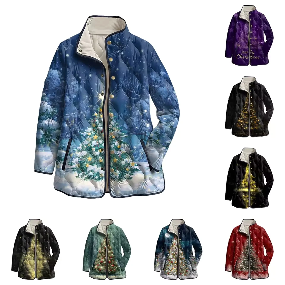 Women'S Christmas Printed Coats Fleece Thicken Warm Casual Fashion Stand Up Collar Warm Cotton Versatile s