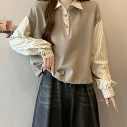 Korean Style Original Design Fake Two-piece Striped Long Sleeved Shirt Autumn New Fashion Casual Temperament Sweet Women's Top